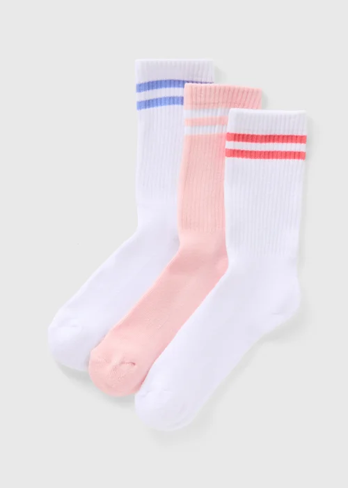 3 Pack White Stripe Sports Crew Socks - One Size Image 1