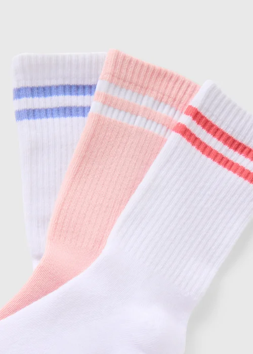 3 Pack White Stripe Sports Crew Socks - One Size Image 2