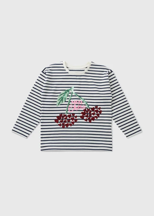 Girls Cream Stripe Cherry Long Sleeve Top (1-7yrs) - 1-1.5 Yrs Image 1