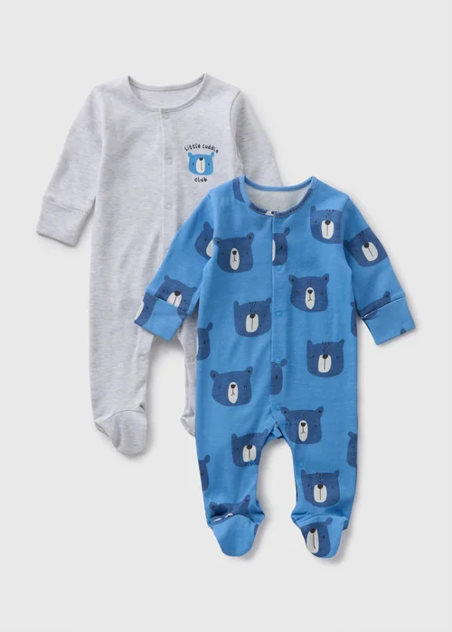 2 Pack Baby Blue Bear Sleepsuits - Age 0 - 3 Months Image 1