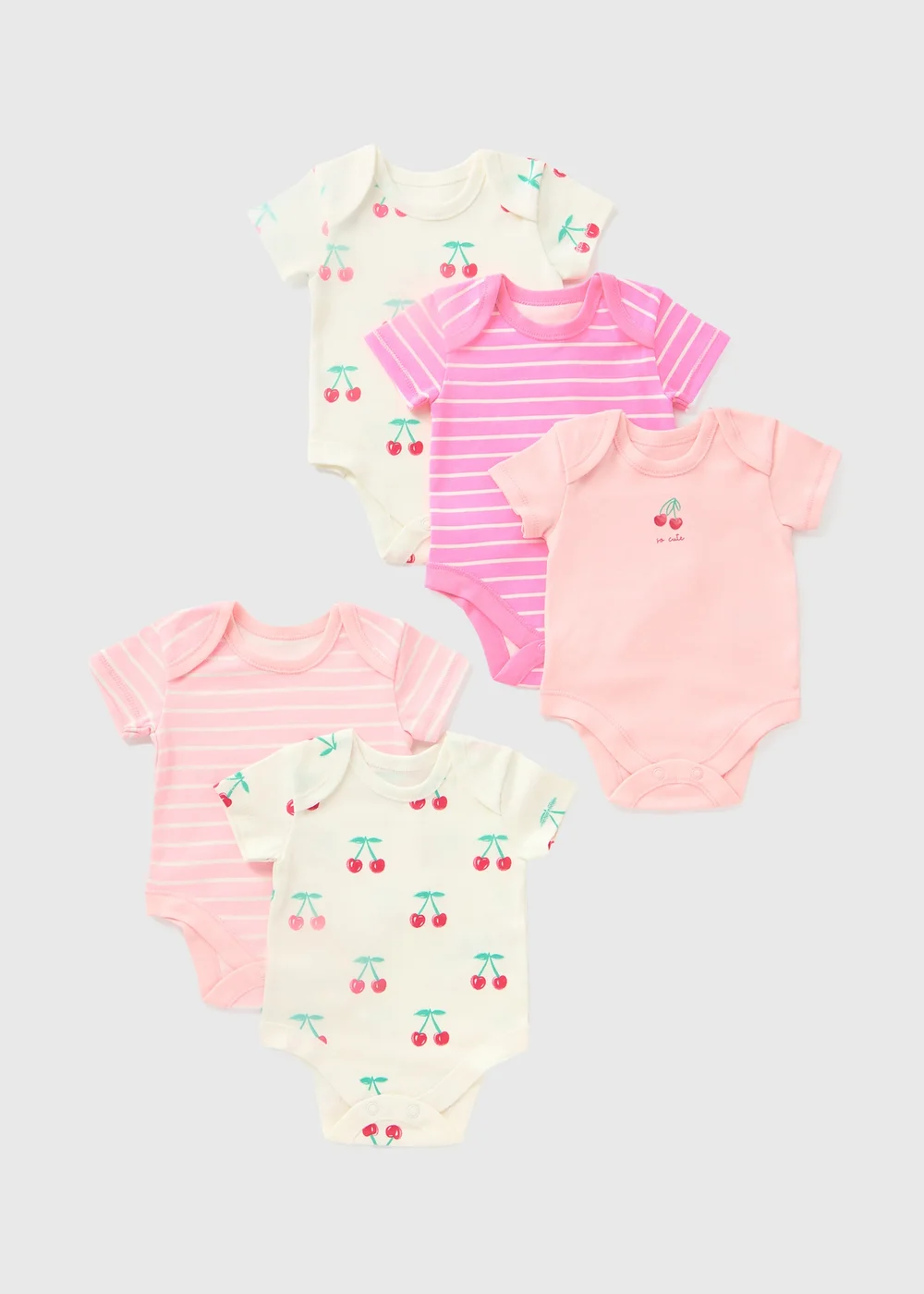 5 Pack Baby Pink Cherry Stripe Bodysuits (Newborn-23mths) - 0-3 months Image 1
