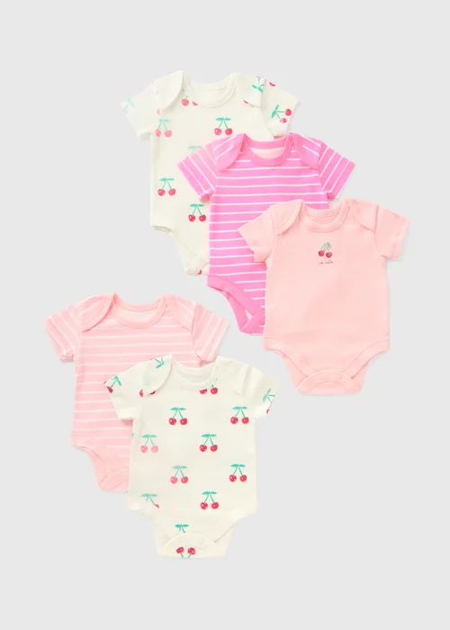 5 Pack Baby Pink Cherry Stripe Bodysuits (Newborn-23mths) - 0-3 months Image 1