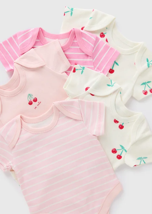5 Pack Baby Pink Cherry Stripe Bodysuits (Newborn-23mths) - 0-3 months Image 2