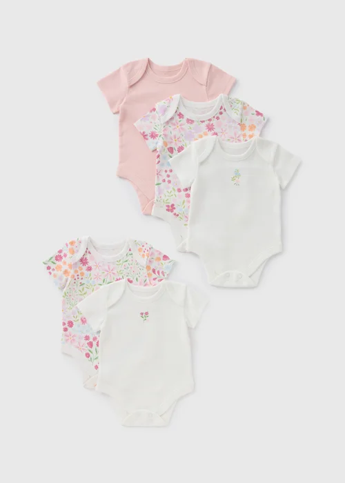 5 Pack Baby Pink Floral Bodysuits (Newborn-23mths) - 0-3 months Image 1