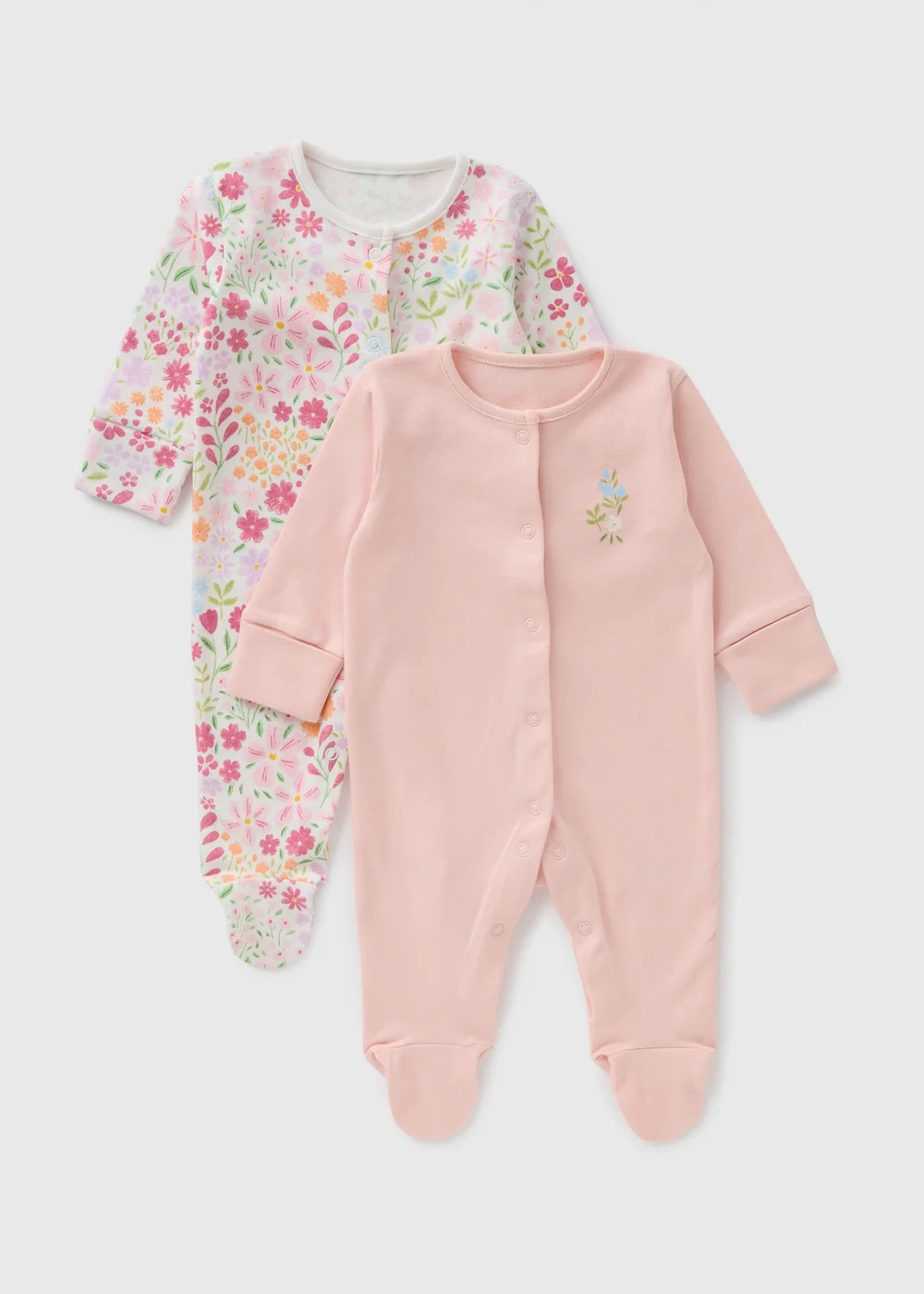 2 Pack Baby Pink Floral Sleepsuits - Age 0 - 3 Months Image 1