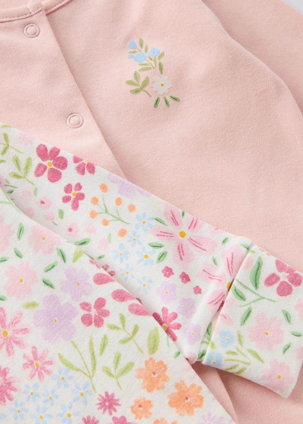 2 Pack Baby Pink Floral Sleepsuits - Age 0 - 3 Months Image 2