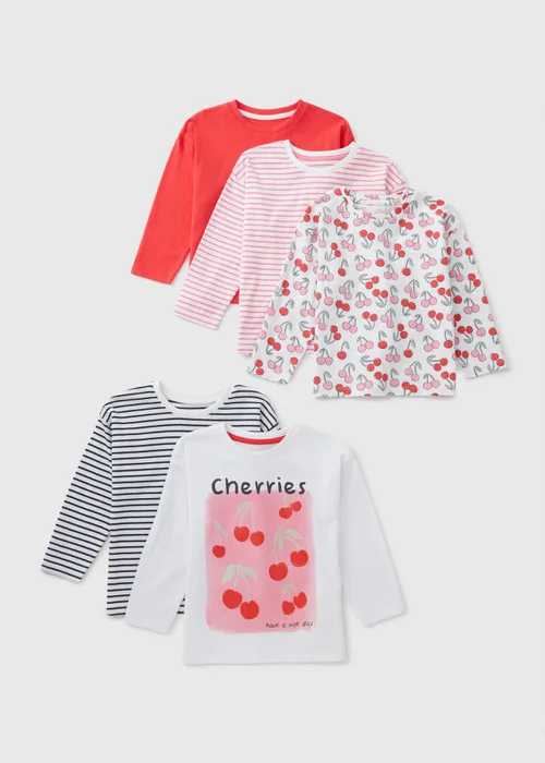 5 Pack Girls Multicolour Cherry Long Sleeve Tops (1-7yrs) - 1-1.5 Yrs Image 1