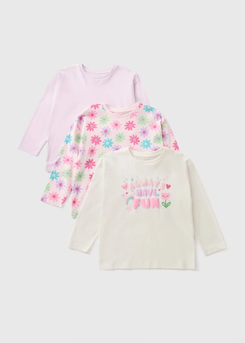 3 Pack Girls Pink Fun Floral Long Sleeve Tops (1-7yrs) - 1-1.5 Yrs Image 1