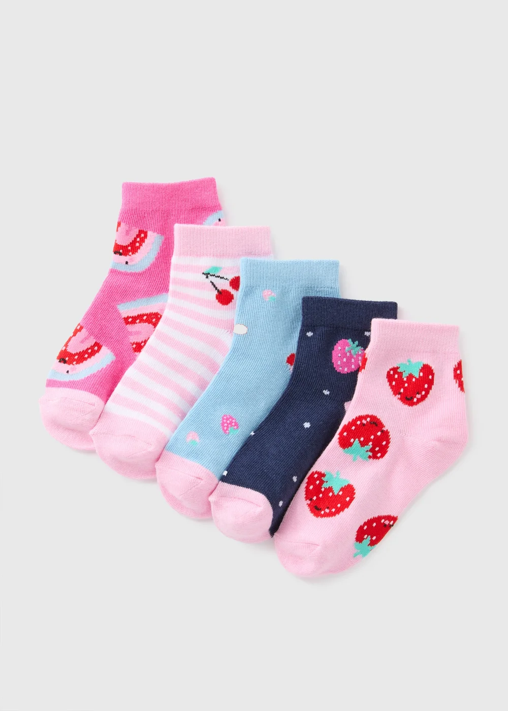 5 Pack Girls Pink Fruit Socks (Younger 6-Older 3.5) - 4-5.5 Image 1