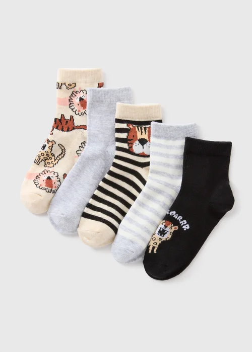 5 Pack Multicolour Lion Socks (Younger 6-Older 6.5) - 4-6.5 Image 1