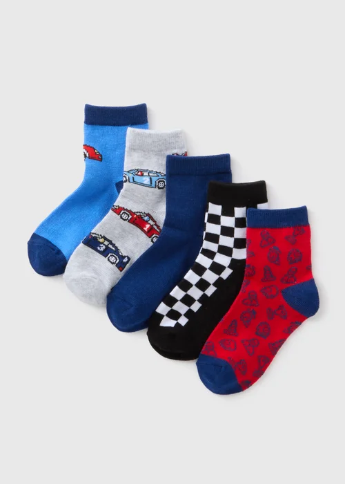 5 Pack Boys Multicolour Car Socks (Younger 6-Older 6.5) - 4-6.5 Image 1