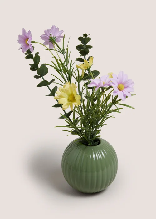Pink Mixed Flowers In Green Vase Image 1