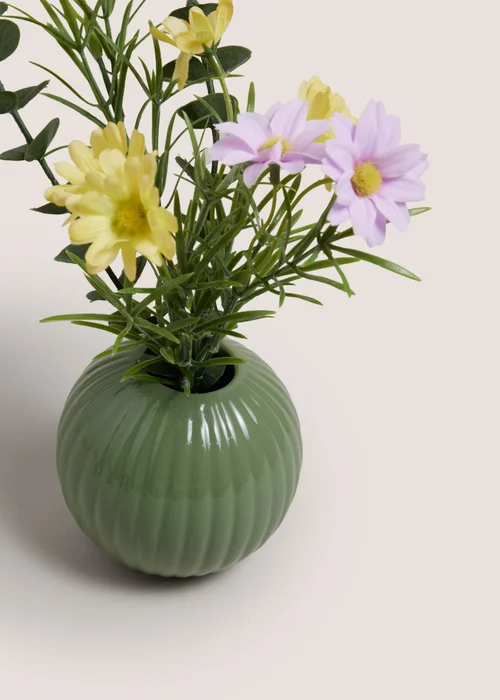 Pink Mixed Flowers In Green Vase Image 2