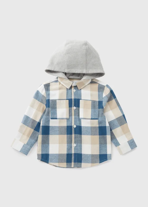 Boys Blue Checked Jersey Hoodie Shirt (1-7yrs) - 1 half year to 2 Image 1