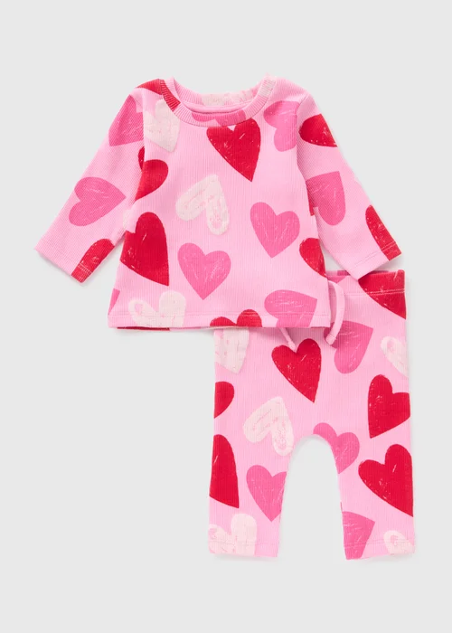 Baby Pink Heart Print Top & Leggings Set (Newborn-23mths) - Age 0 - 3 Months Image 1