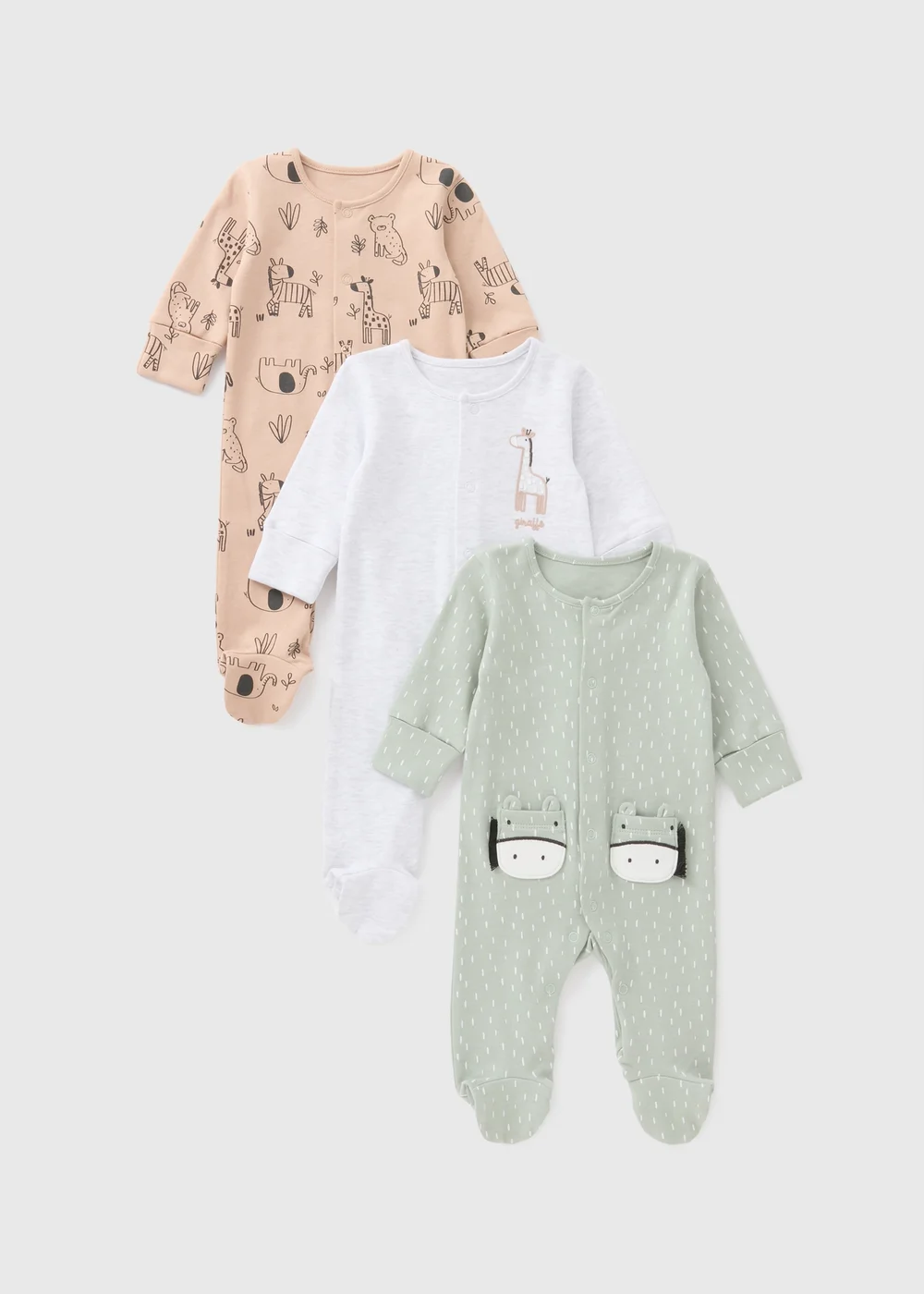 3 Pack Baby Multicolour Giraffe Sleepsuits (Newborn-18mths) - Age 0 - 3 Months Image 1