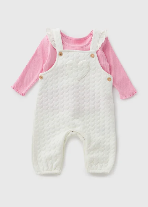 Baby Cream Heart Dungaree & Top Set (Newborn-23mths) - 0-3 months Image 1