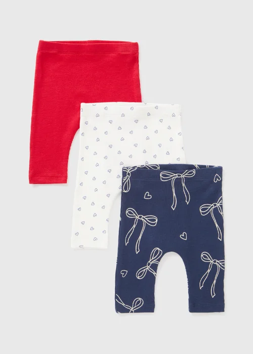 3 Pack Baby Multicolour Heart Bow Leggings (Newborn-23mths) - 9-12 months Image 1