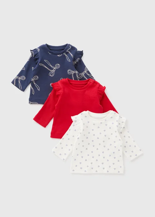 3 Pack Baby Multicolour Bow Heart Long Sleeve Tops (Newborn-23mths) - 0-3 months Image 1