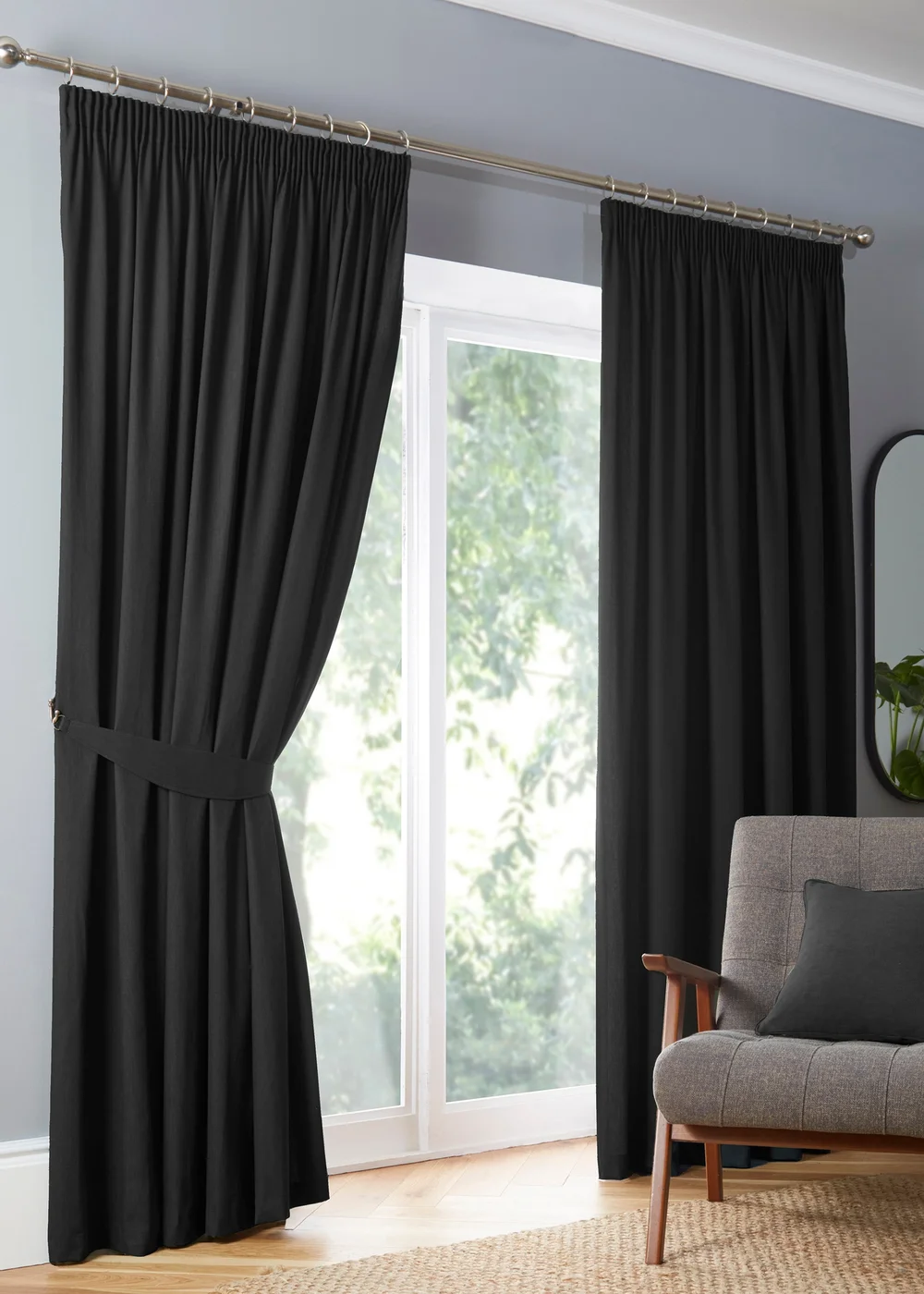 Fusion Dijon Blackout / Thermal Insulated Black Pencil Pleat Curtains - 46W X 54D (116x137cm) Image 1