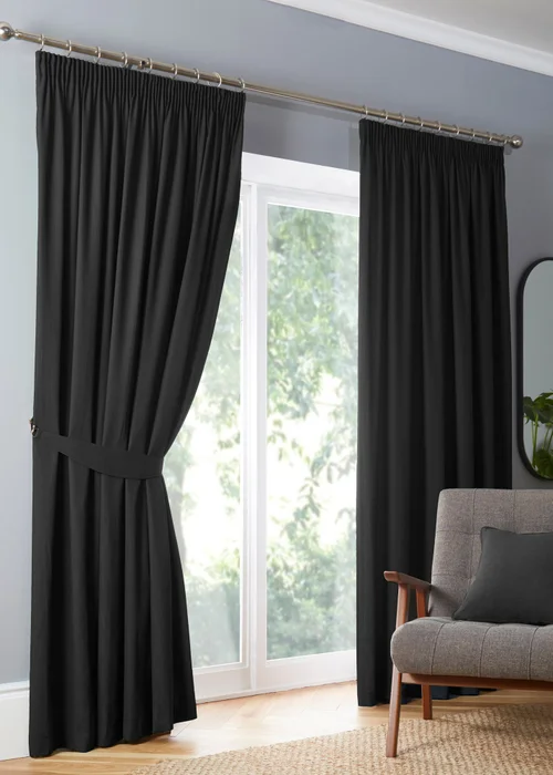 Fusion Dijon Blackout / Thermal Insulated Black Pencil Pleat Curtains - 46W X 54D (116x137cm) Image 1