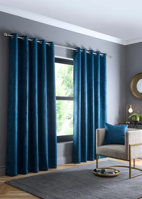 Fusion Strata Dim out Woven Blue Eyelet Curtains - 46W X 54D (116x137cm) Image 1