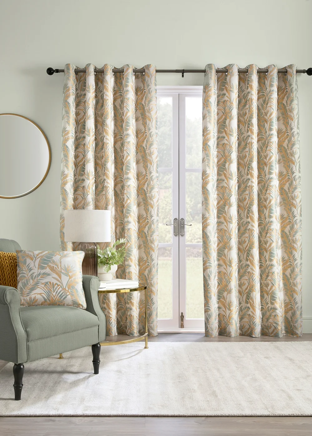 Laurence Llewelyn-Bowen Paradise Palm Jacquard Blue Eyelet Curtains - 46W X 54D (116x137cm) Image 1