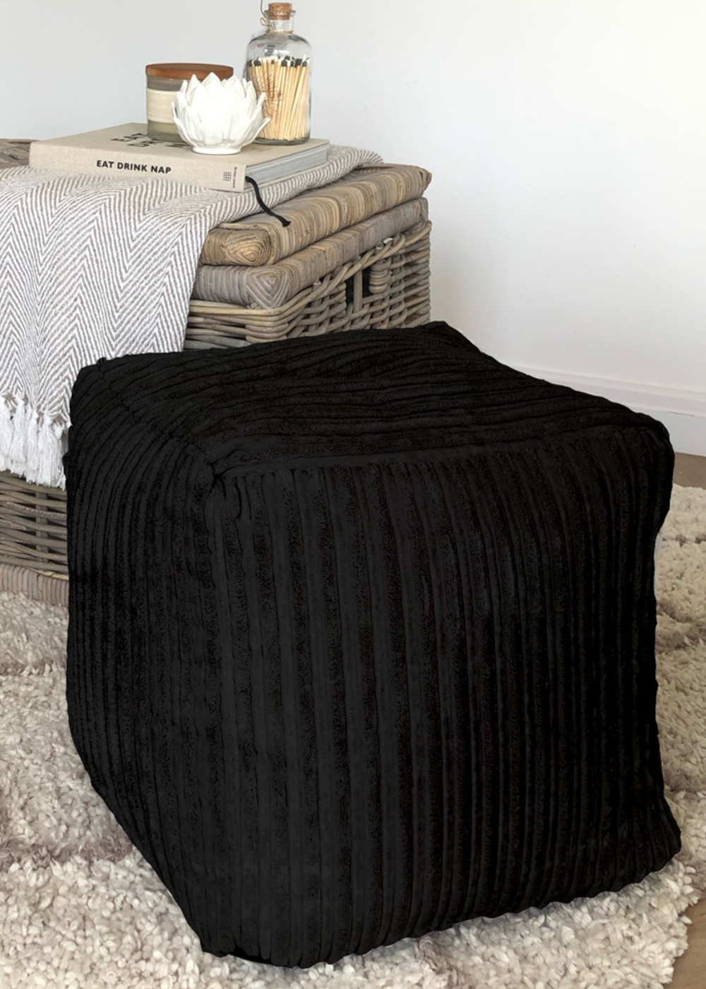 rucomfy Jumbo Cord Cube Black Beanbag - One Size Image 1