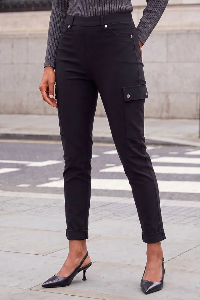 Roman Black Turn Up Stretch Cargo Trousers