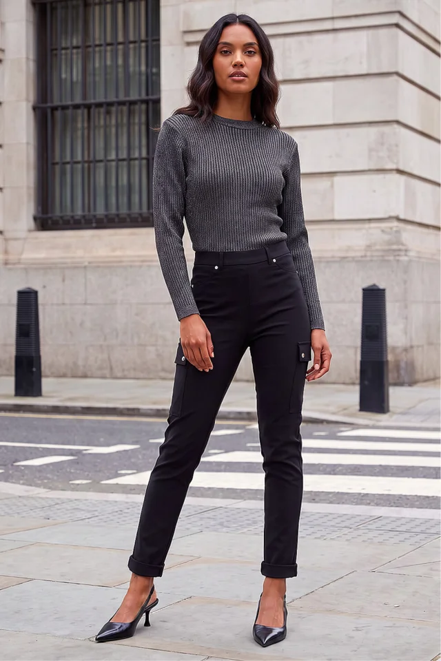 Roman Black Turn Up Stretch Cargo Trousers