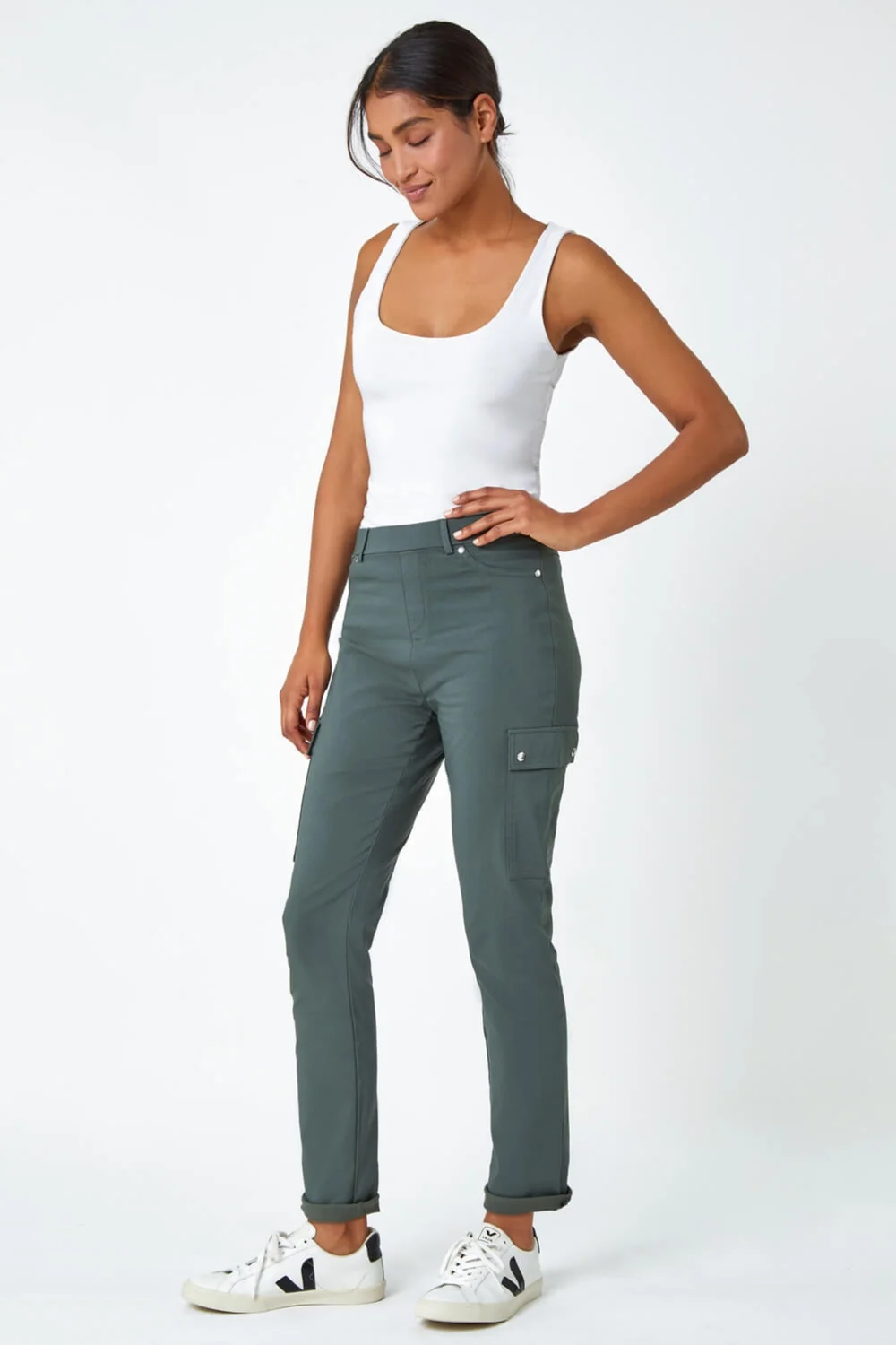 Roman Khaki Turn Up Stretch Cargo Trousers - 12 Image 4
