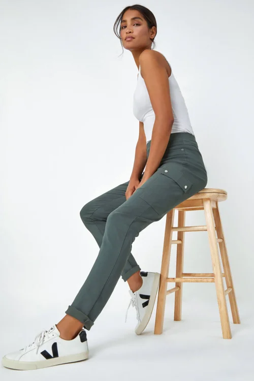Roman Khaki Turn Up Stretch Cargo Trousers - 12 Image 3