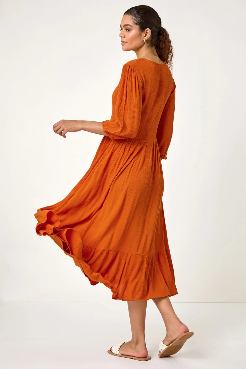 Roman Tan Lace Up Shirred Midi Dress - 10 Image 2