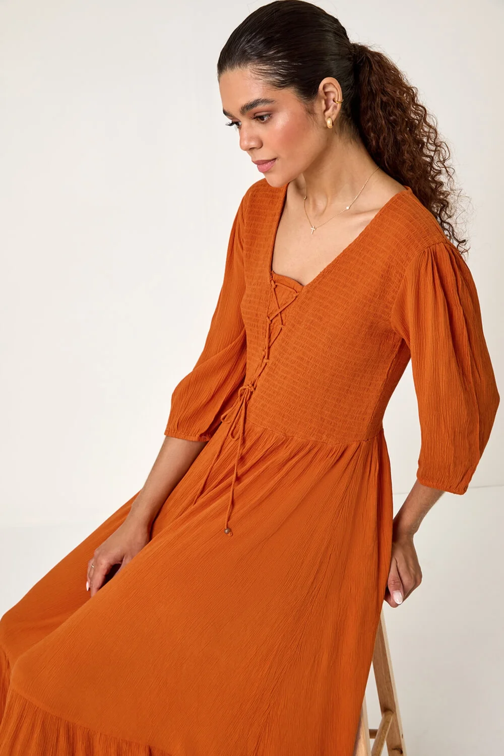 Roman Tan Lace Up Shirred Midi Dress - 10 Image 3