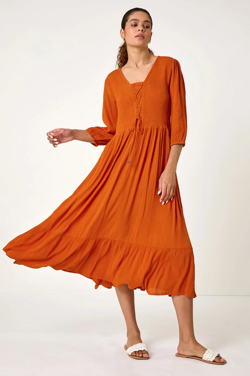 Roman Tan Lace Up Shirred Midi Dress - 10 Image 4