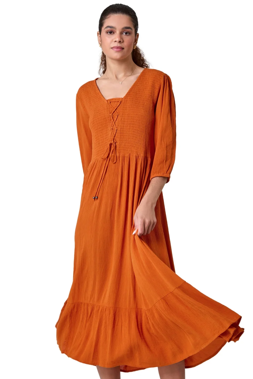 Roman Tan Lace Up Shirred Midi Dress - 10 Image 1