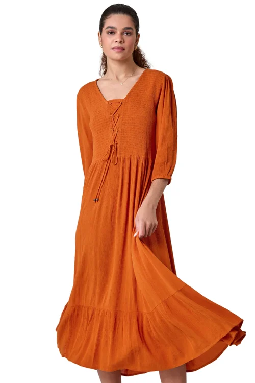 Roman Tan Lace Up Shirred Midi Dress - 10 Image 1