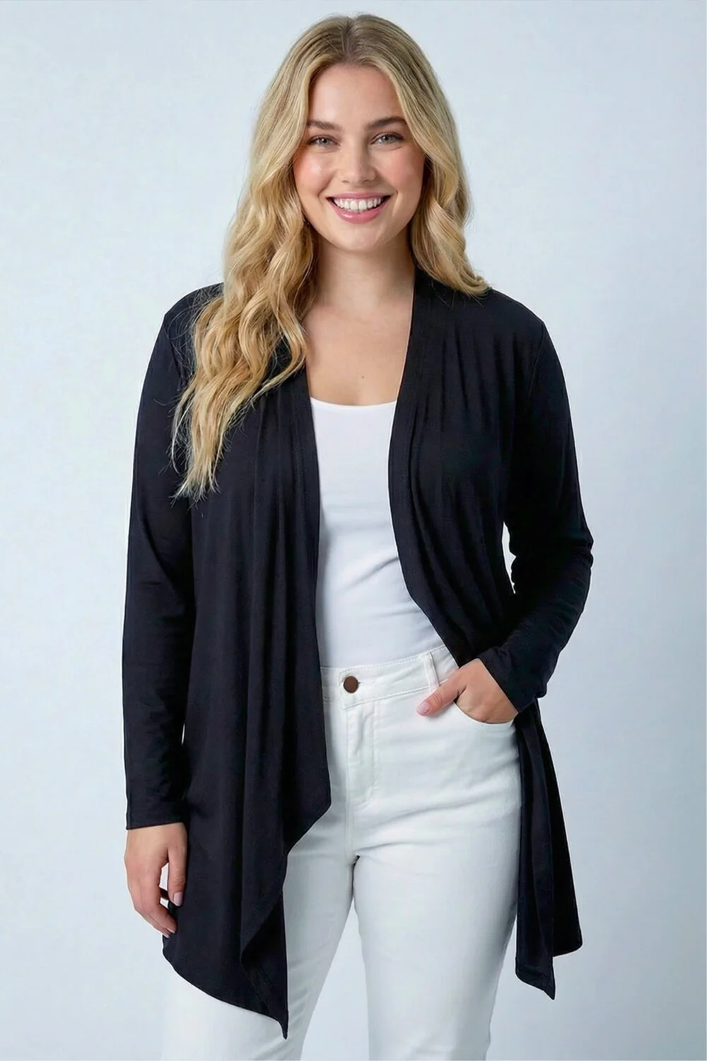 Roman Black Curve Waterfall Front Jersey Cardigan - 22-24 Image 1