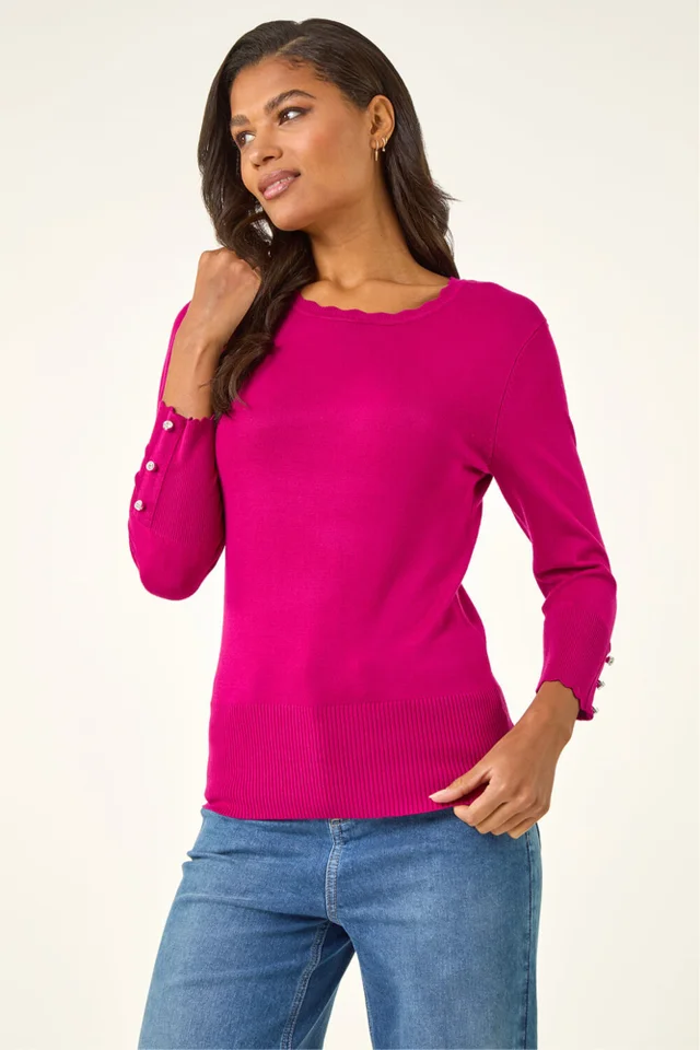 Roman Fuchsia Scallop Neck Button Knit Jumper