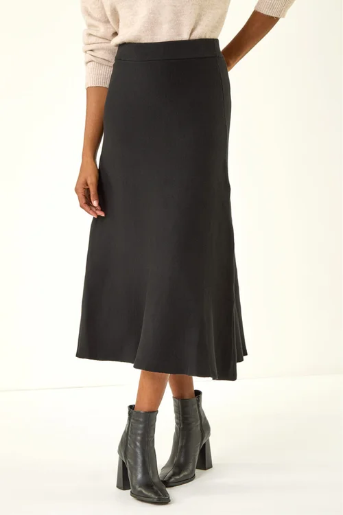 Roman Black Plain Elastic Waist Knitted A Line Midi Skirt - 12 Image 4