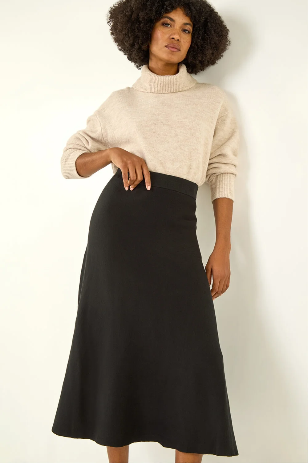 Roman Black Plain Elastic Waist Knitted A Line Midi Skirt - 12 Image 1