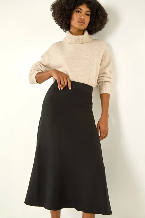 Roman Black Plain Elastic Waist Knitted A Line Midi Skirt - 12 Image 1