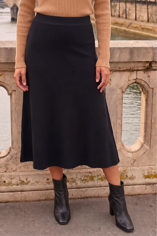 Roman Black Plain Elastic Waist Knitted A Line Midi Skirt