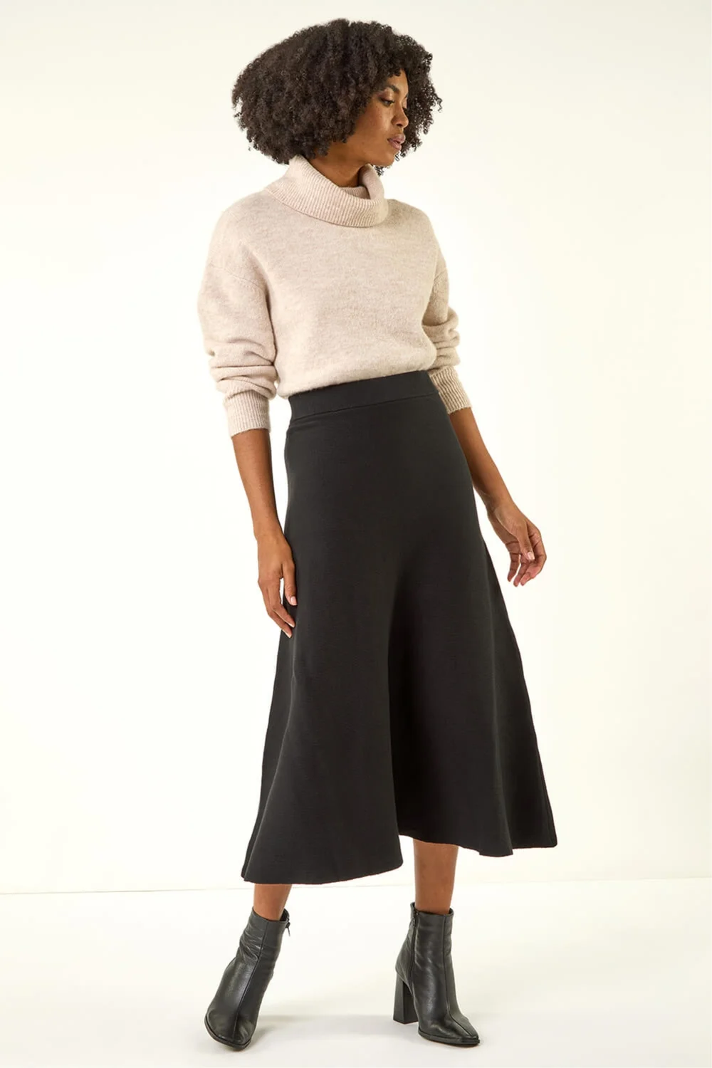 Roman Black Plain Elastic Waist Knitted A Line Midi Skirt - 12 Image 2