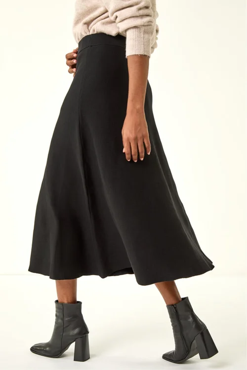 Roman Black Plain Elastic Waist Knitted A Line Midi Skirt - 12 Image 3