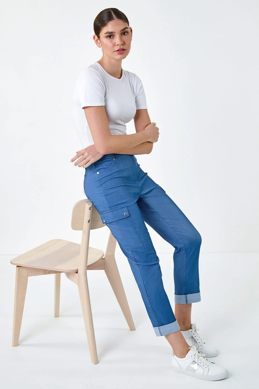 Roman Denim Turn Up Stretch Cargo Trousers - 10 Image 3