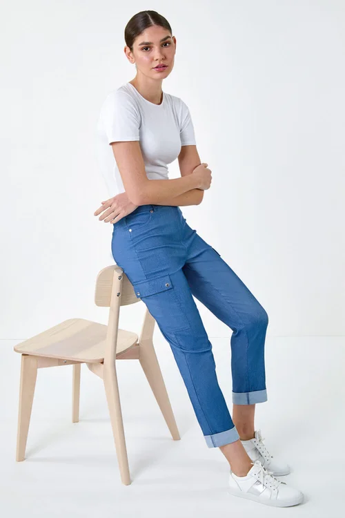 Roman Denim Turn Up Stretch Cargo Trousers - 10 Image 3