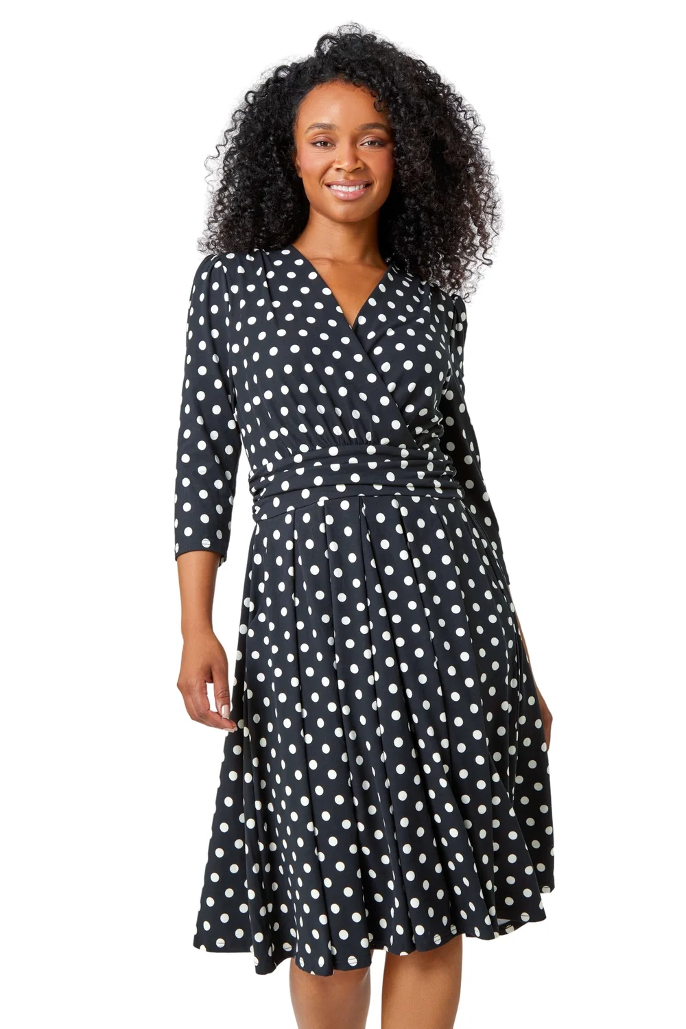 Roman Black Petite Polka Dot Midi Stretch Dress - 18 Image 1