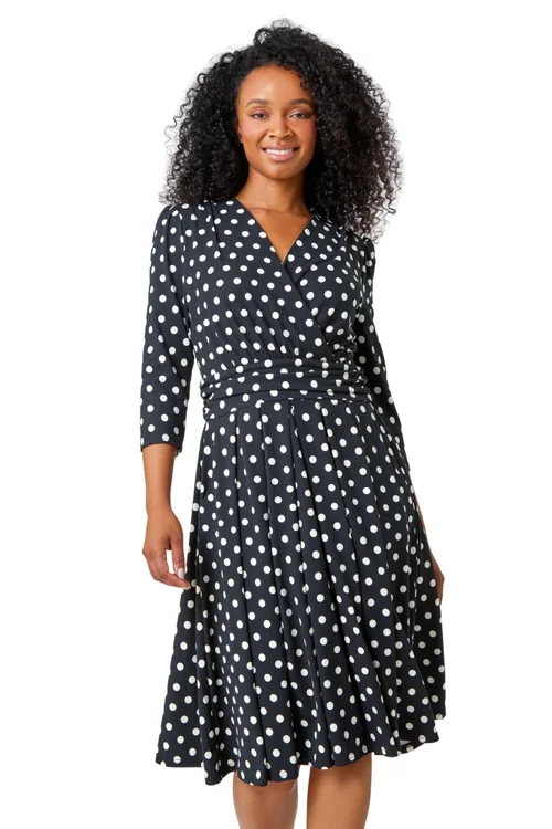 Roman Black Petite Polka Dot Midi Stretch Dress - 18 Image 1
