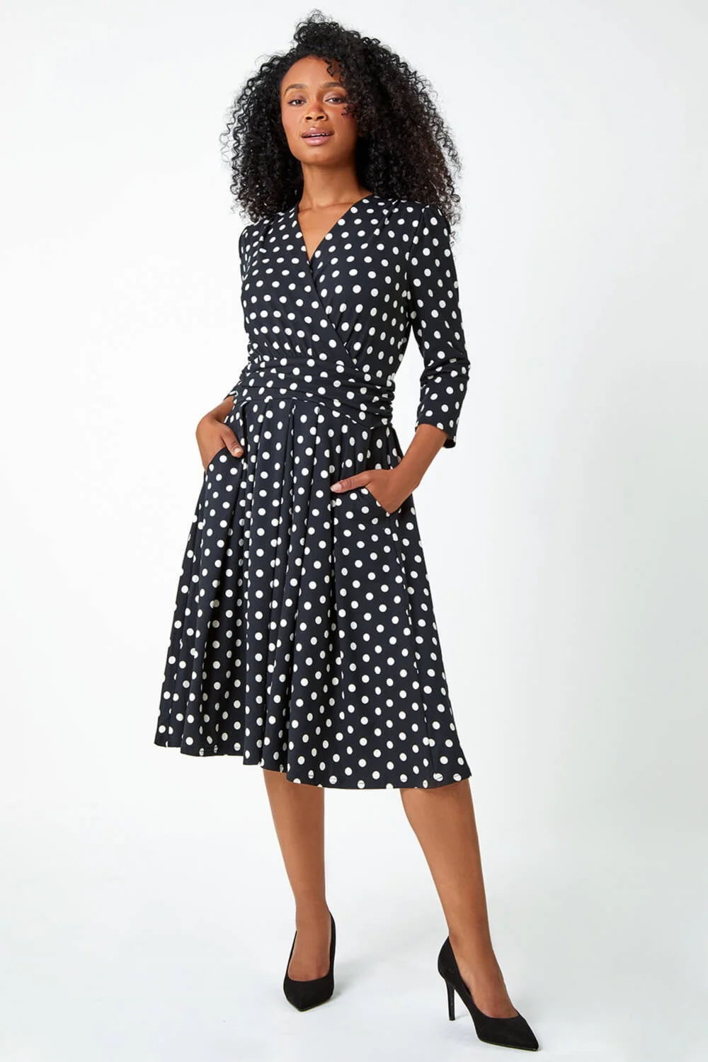 Roman Black Petite Polka Dot Midi Stretch Dress - 18 Image 2